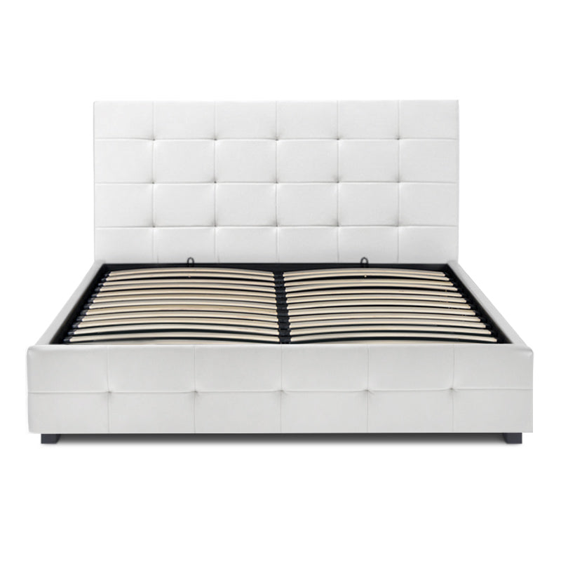 HONDO Double Bed in white with quilted headboard and footboard, featuring under-bed storage and anatomical boards for comfort.