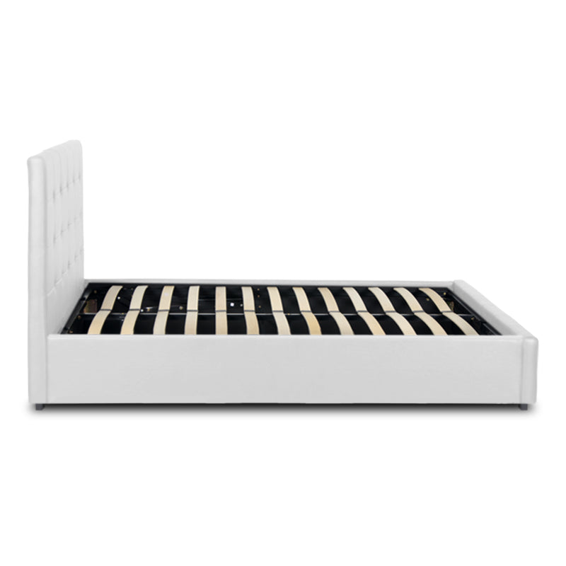 HONDO Double Bed in white with quilted headboard and footboard, featuring under-bed storage and anatomical boards for comfort.