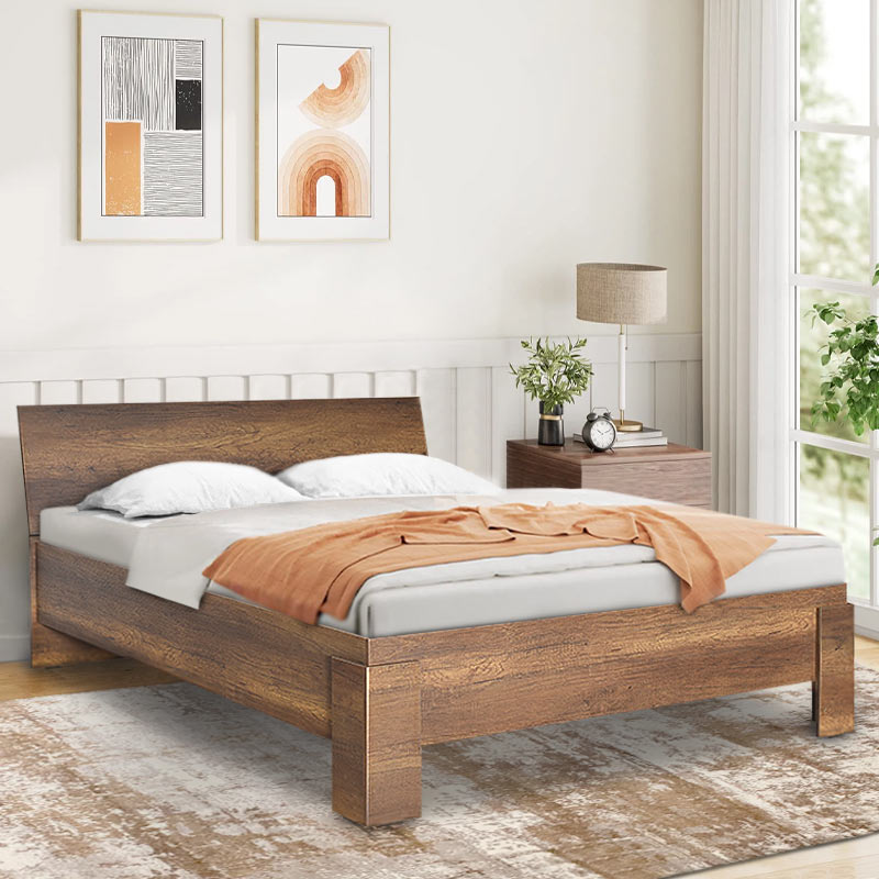 KARINA Double Bed in walnut finish, dimensions 220x168x89 cm, showcasing its elegant design and robust melamine construction.