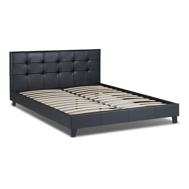 LUCIA Black Double Bed 160x200cm with PU leather upholstery and anatomical slats, featuring a robust wooden frame and black wooden legs.