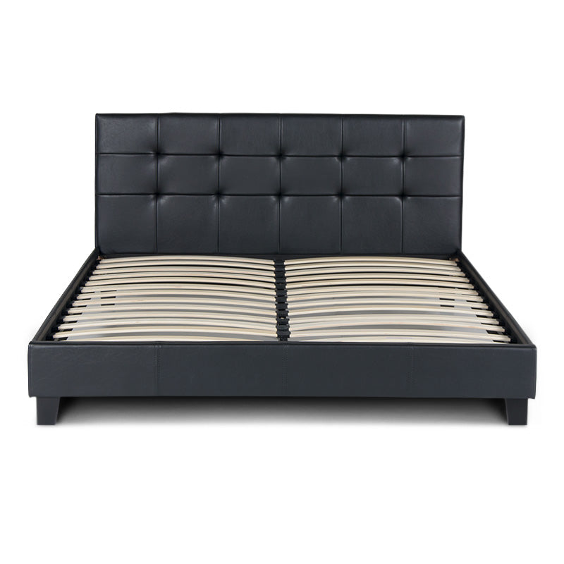 LUCIA Black Double Bed 160x200cm with PU leather upholstery and anatomical slats, featuring a robust wooden frame and black wooden legs.