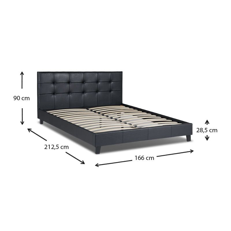 LUCIA Black Double Bed 160x200cm with PU leather upholstery and anatomical slats, featuring a robust wooden frame and black wooden legs.