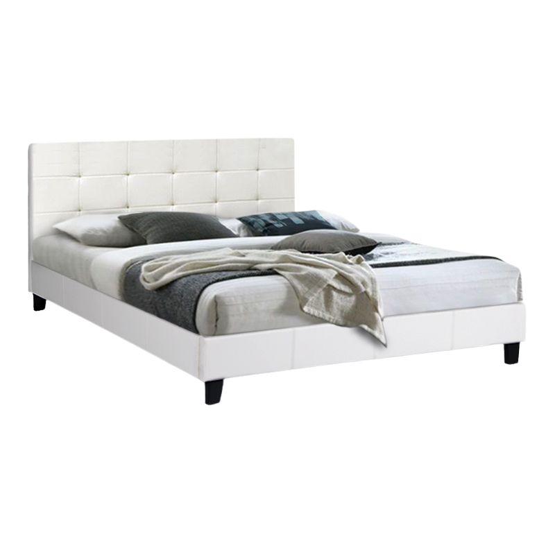 LUCIA Double Bed in white artificial leather, featuring anatomical slats and a sturdy wooden frame, perfect for stylish bedrooms.