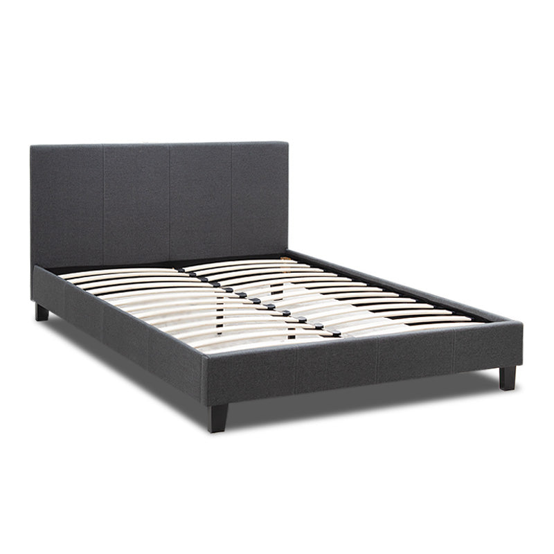 NOCHE Anthracite Double Bed with anatomical slats and wooden legs, showcasing its elegant design and high-quality fabric.