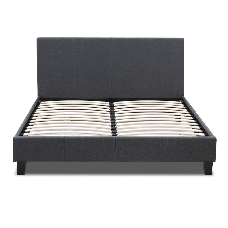 NOCHE Anthracite Double Bed with anatomical slats and wooden legs, showcasing its elegant design and high-quality fabric.