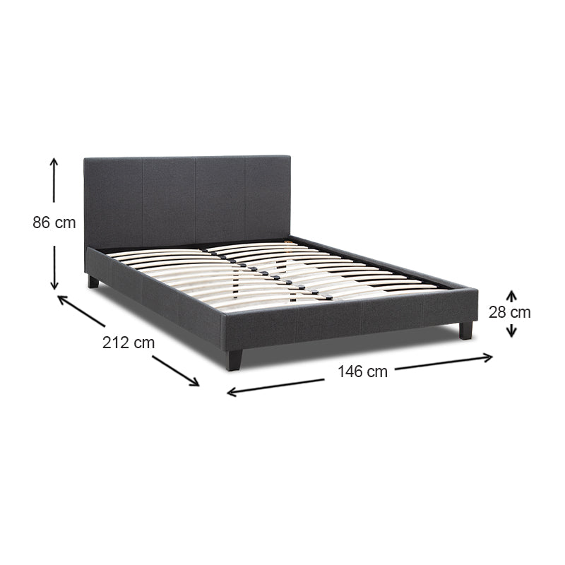 NOCHE Anthracite Double Bed with anatomical slats and wooden legs, showcasing its elegant design and high-quality fabric.