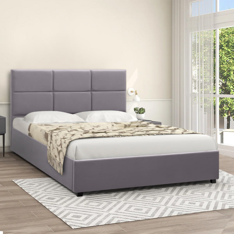 Double CELLO Grey Bed with plush velvet upholstery and storage space, featuring anatomical slats and wooden legs.