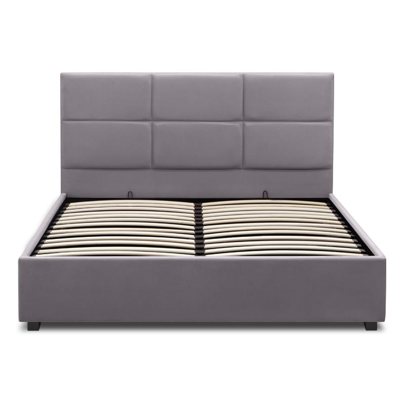 Double CELLO Grey Bed with plush velvet upholstery and storage space, featuring anatomical slats and wooden legs.