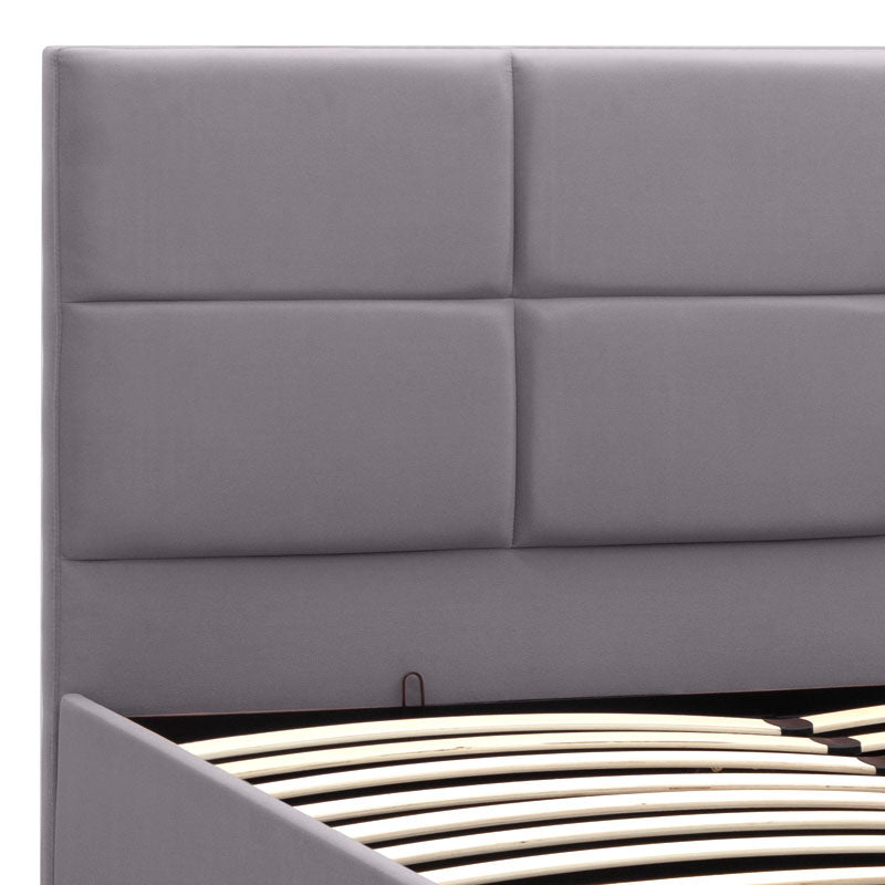 Double CELLO Grey Bed with plush velvet upholstery and storage space, featuring anatomical slats and wooden legs.