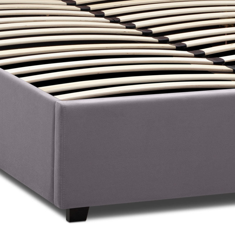 Double CELLO Grey Bed with plush velvet upholstery and storage space, featuring anatomical slats and wooden legs.