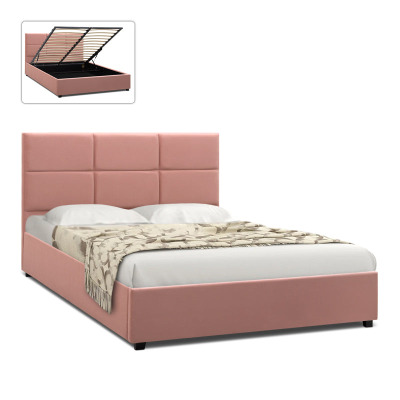 Double CELLO Pink bed with plush velvet upholstery and under-bed storage, featuring anatomical slats and black wooden legs.