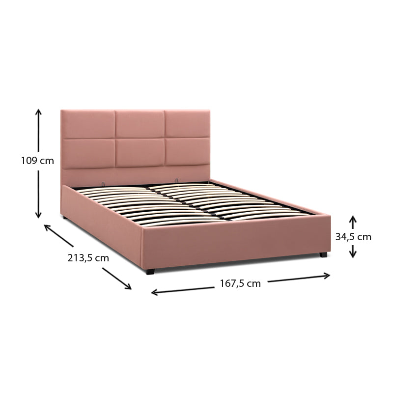 Double CELLO Pink bed with plush velvet upholstery and under-bed storage, featuring anatomical slats and black wooden legs.