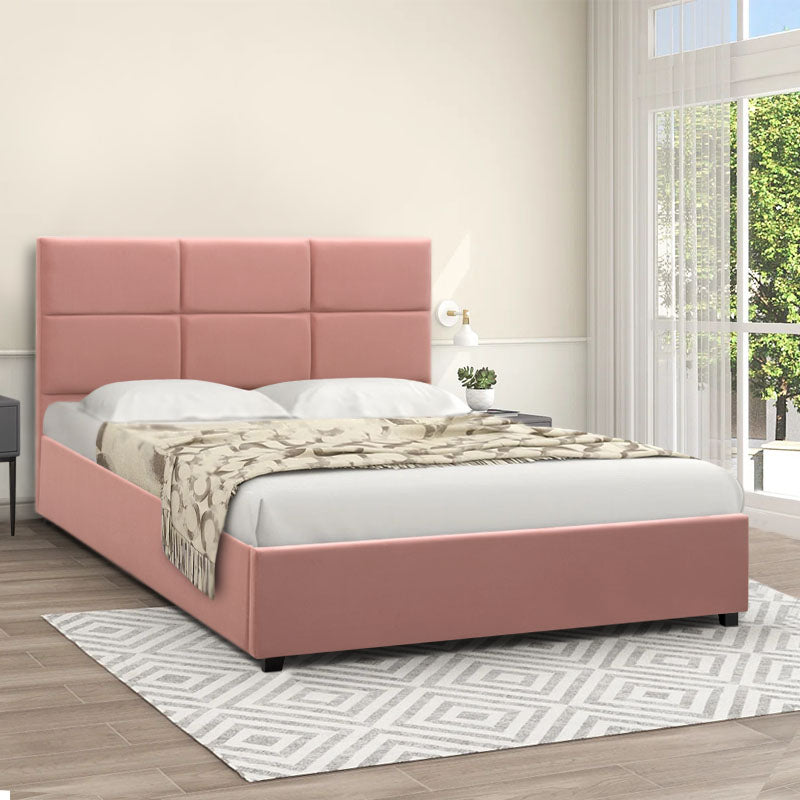 Double CELLO Pink bed with plush velvet upholstery and under-bed storage, featuring anatomical slats and black wooden legs.