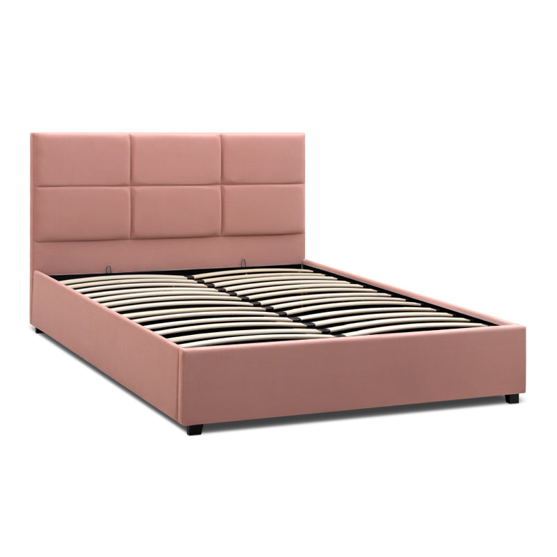 Double CELLO Pink bed with plush velvet upholstery and under-bed storage, featuring anatomical slats and black wooden legs.