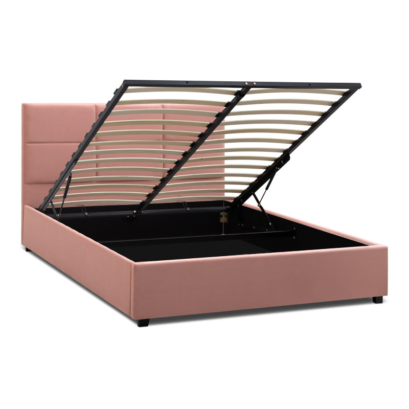 Double CELLO Pink bed with plush velvet upholstery and under-bed storage, featuring anatomical slats and black wooden legs.