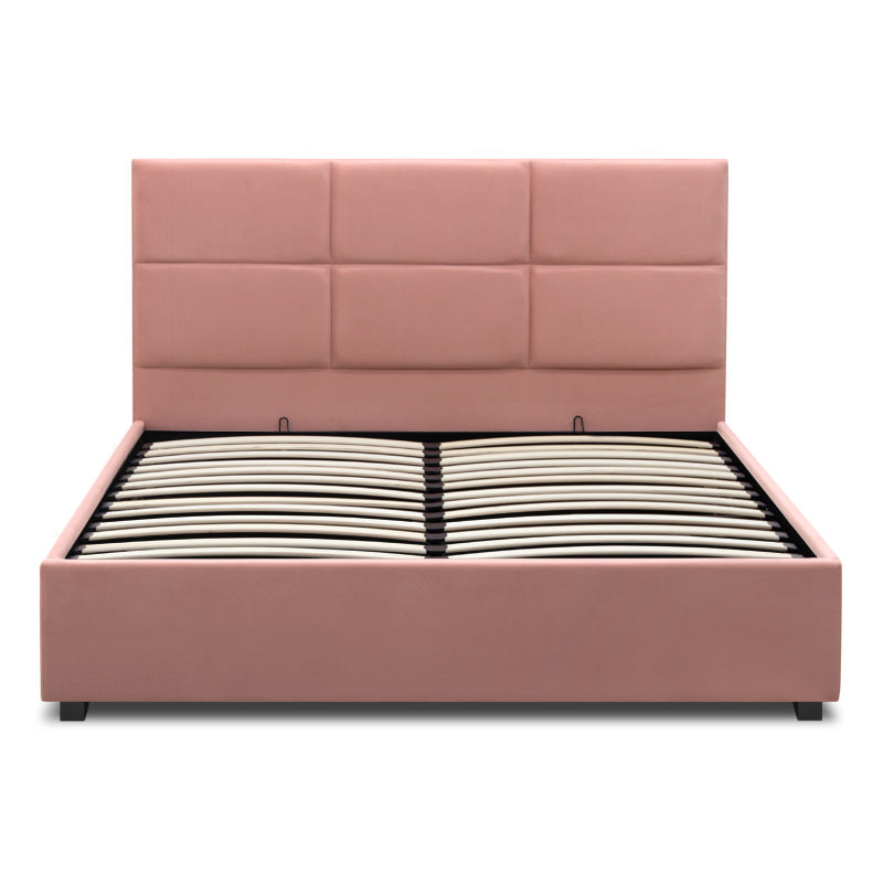 Double CELLO Pink bed with plush velvet upholstery and under-bed storage, featuring anatomical slats and black wooden legs.