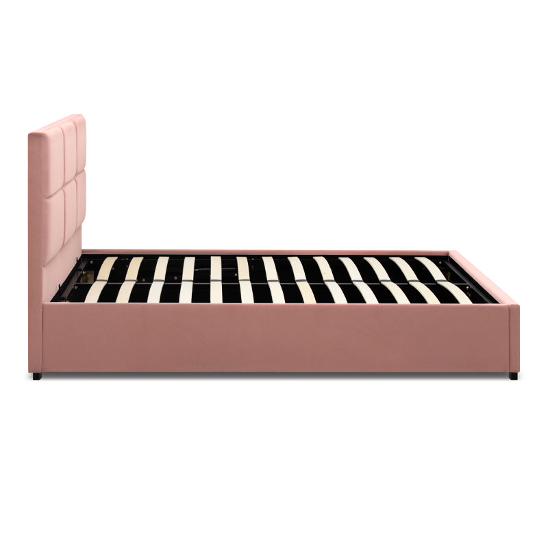 Double CELLO Pink bed with plush velvet upholstery and under-bed storage, featuring anatomical slats and black wooden legs.