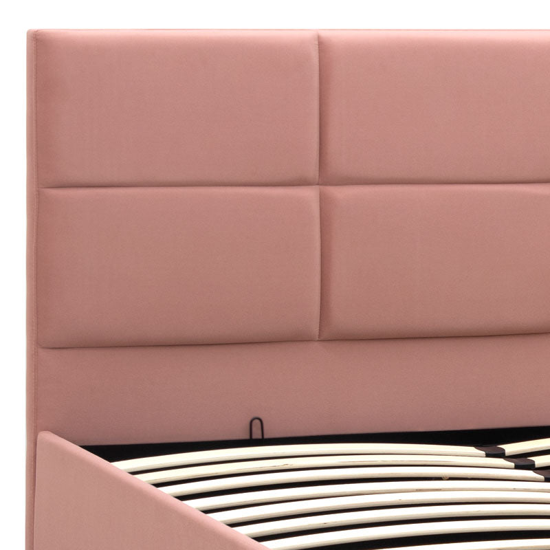 Double CELLO Pink bed with plush velvet upholstery and under-bed storage, featuring anatomical slats and black wooden legs.