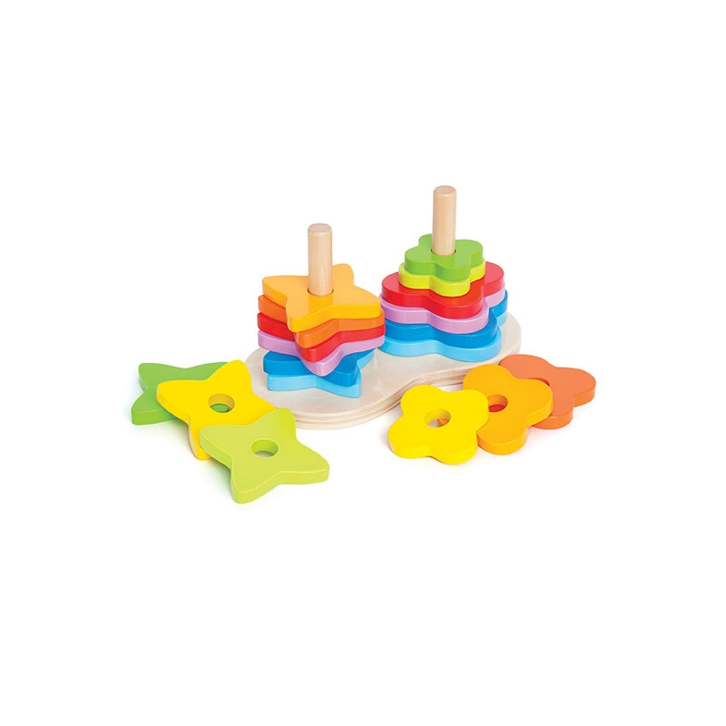 Colorful Double Rainbow Stacker toy featuring two shapes and nine vibrant colors for children.