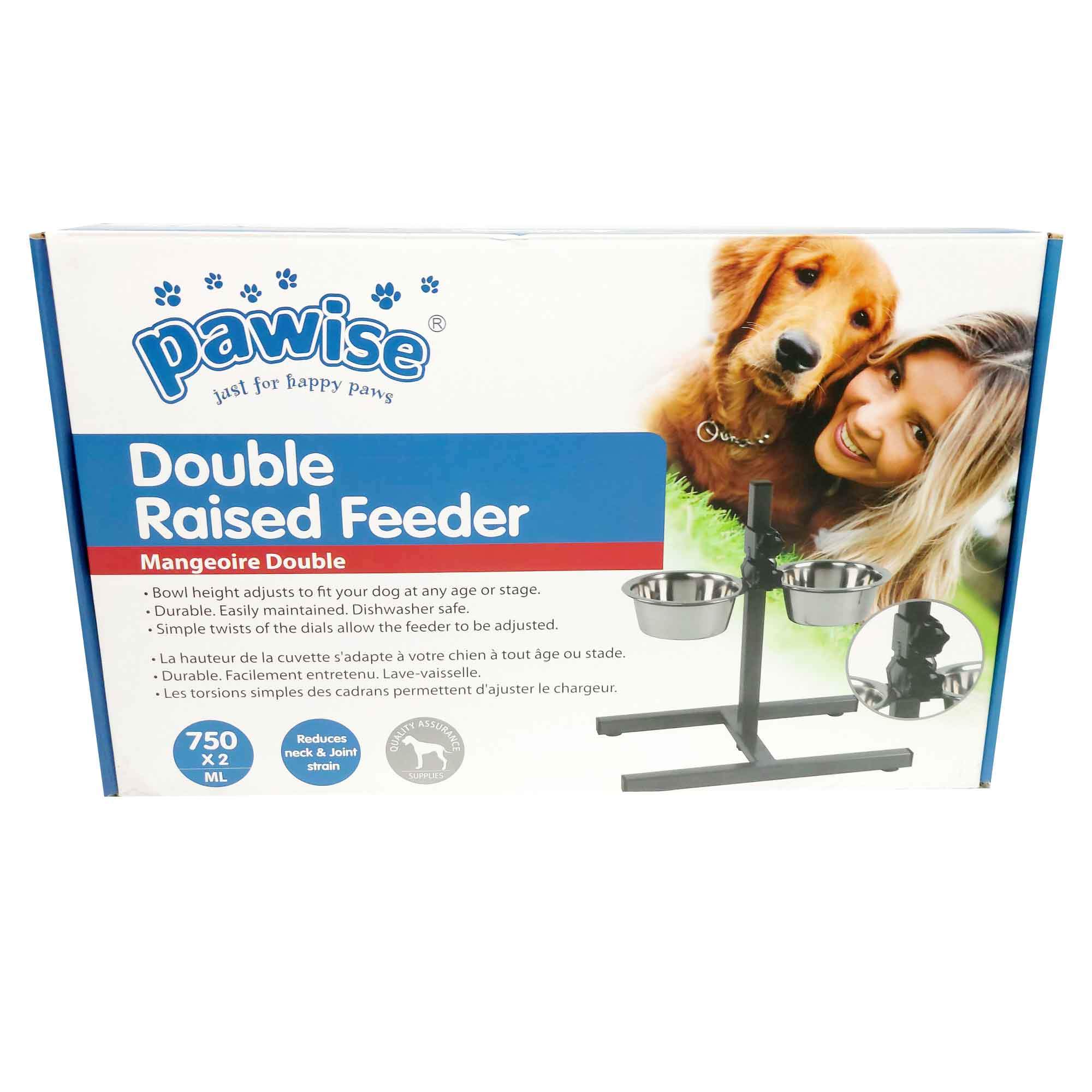 Adjustable Dog Feeder with two stainless steel bowls on a sturdy metal stand, featuring anti-slip feet for secure feeding.