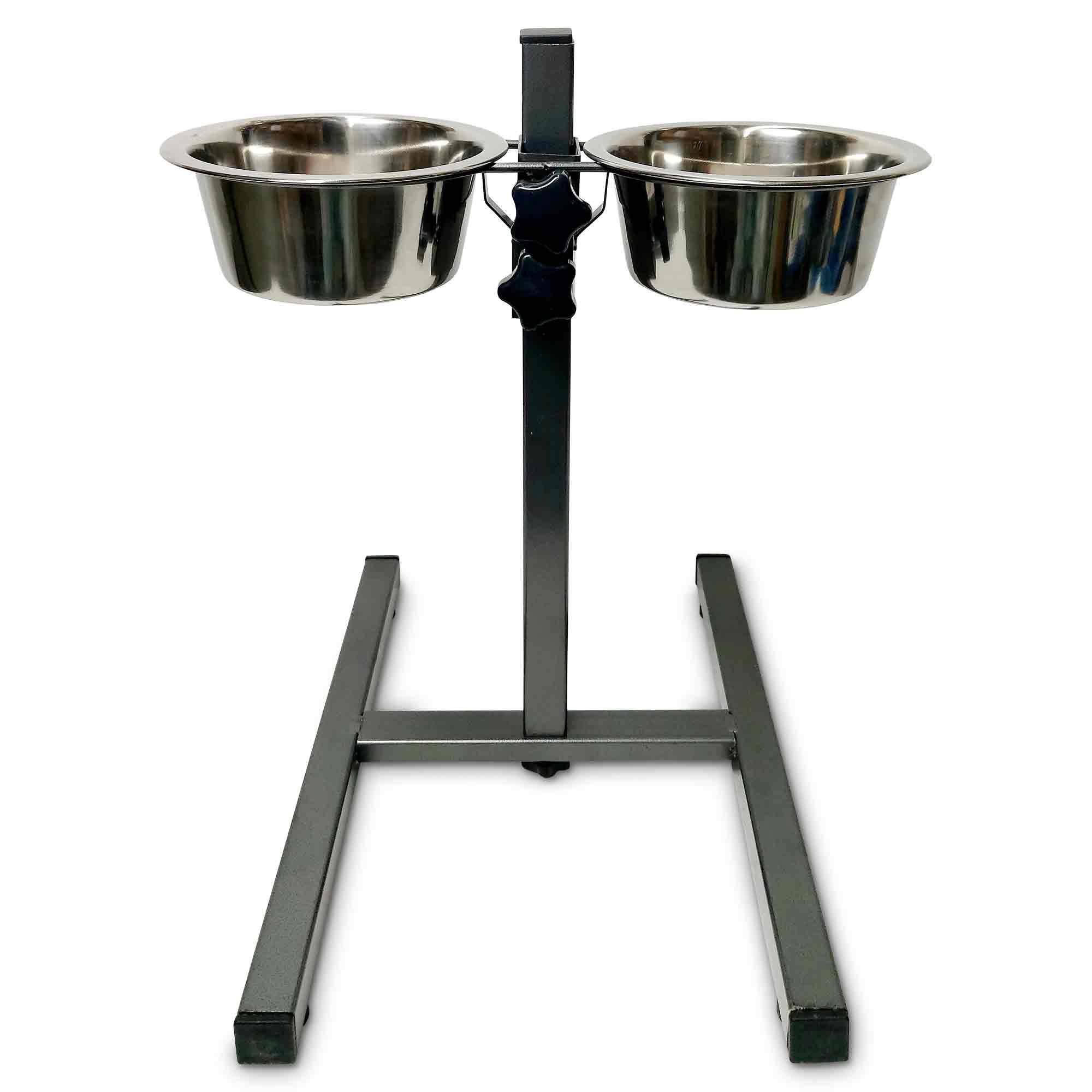 Adjustable Dog Feeder with two stainless steel bowls on a sturdy metal stand, featuring anti-slip feet for secure feeding.