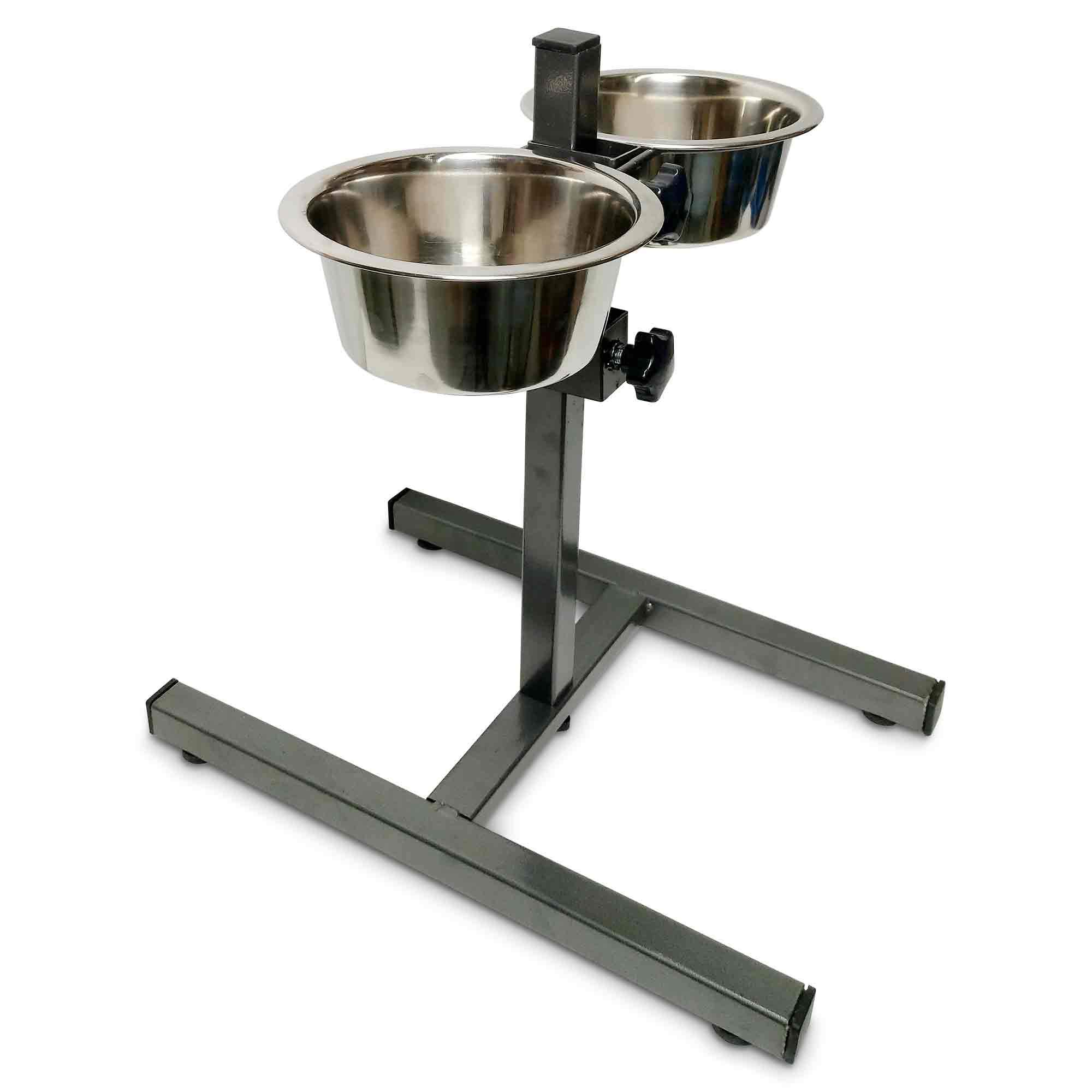 Adjustable Dog Feeder with two stainless steel bowls on a sturdy metal stand, featuring anti-slip feet for secure feeding.