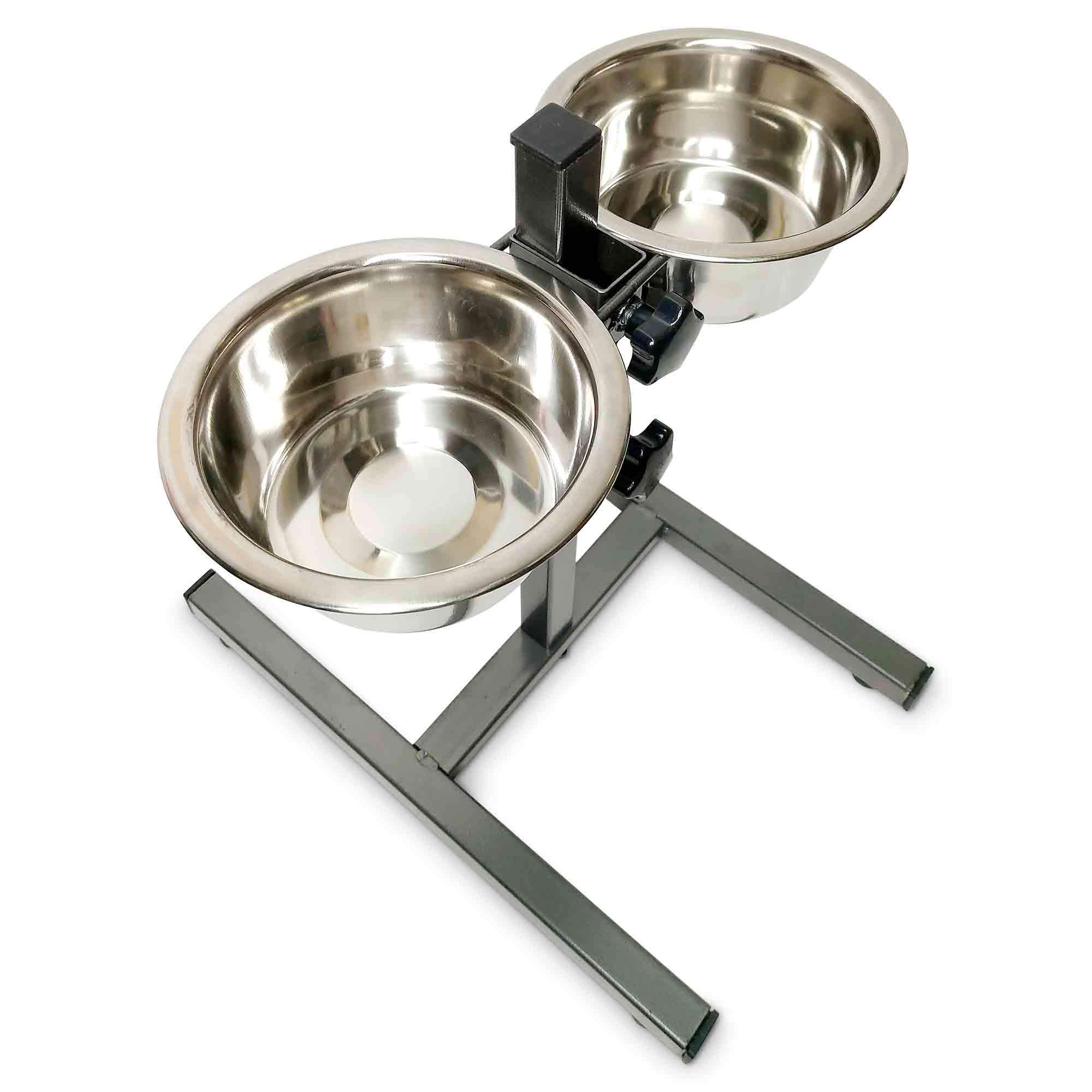 Adjustable Dog Feeder with two stainless steel bowls on a sturdy metal stand, featuring anti-slip feet for secure feeding.