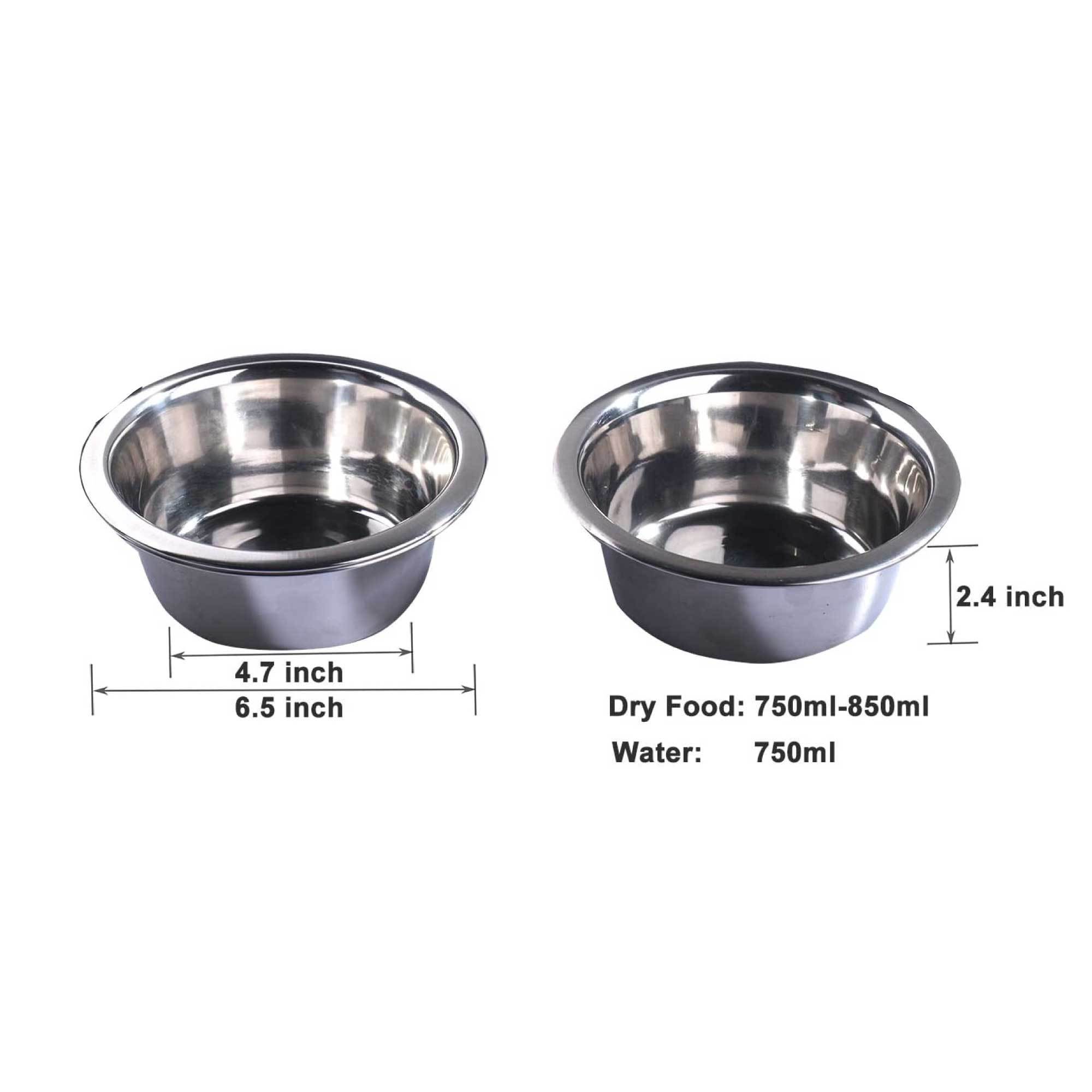 Adjustable Dog Feeder with two stainless steel bowls on a sturdy metal stand, featuring anti-slip feet for secure feeding.