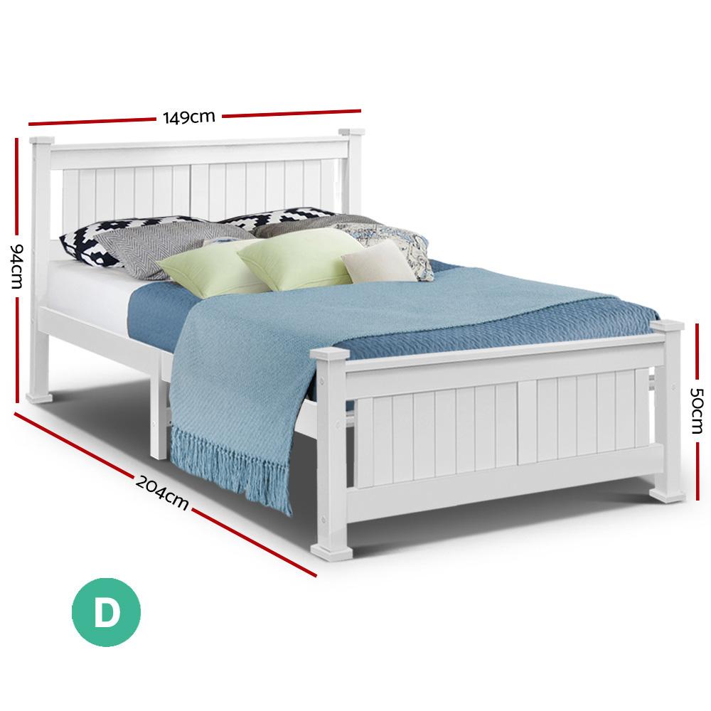 Double size wooden bed frame in white, made of solid pine wood with a stylish headboard and smooth edges.