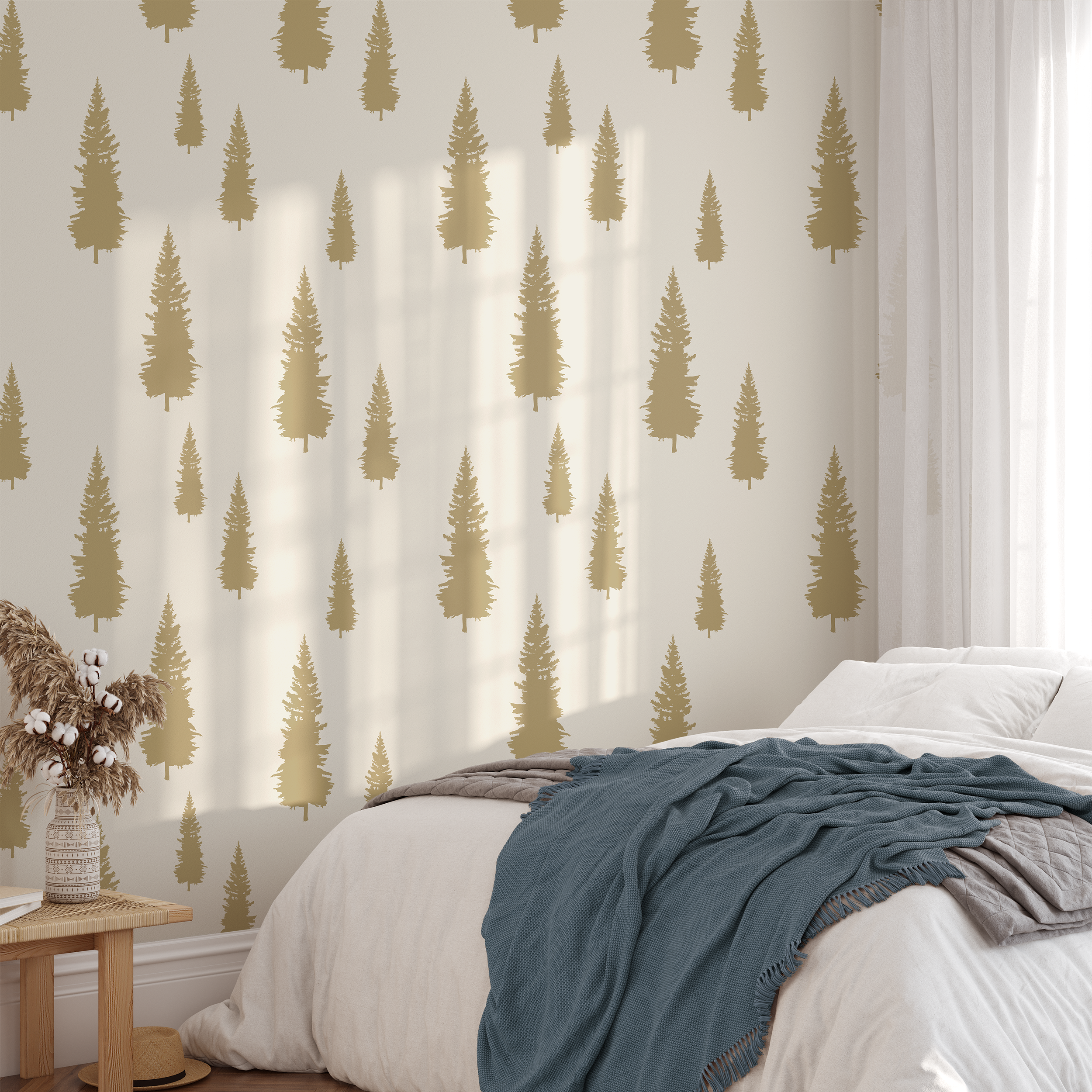 Douglas Fir Tree (Ochre) Wallpaper featuring a modern design with vibrant ochre colors and intricate tree patterns, perfect for home decor.