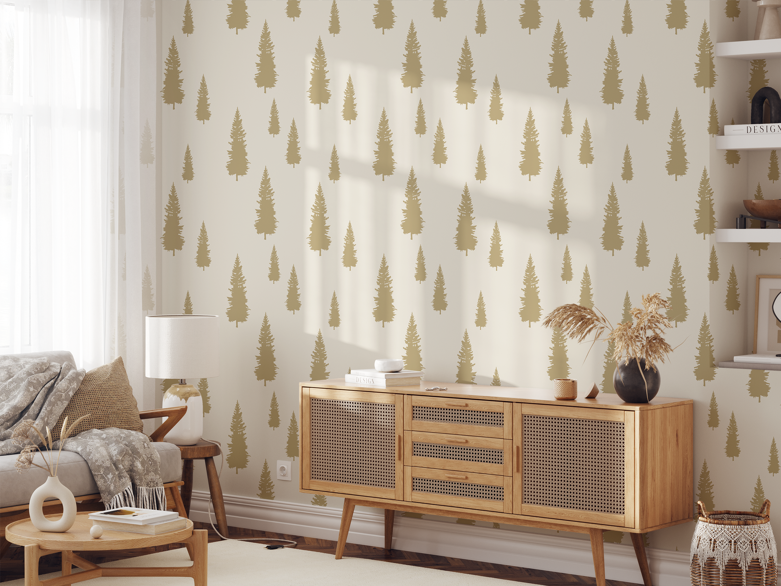 Douglas Fir Tree (Ochre) Wallpaper featuring a modern design with vibrant ochre colors and intricate tree patterns, perfect for home decor.