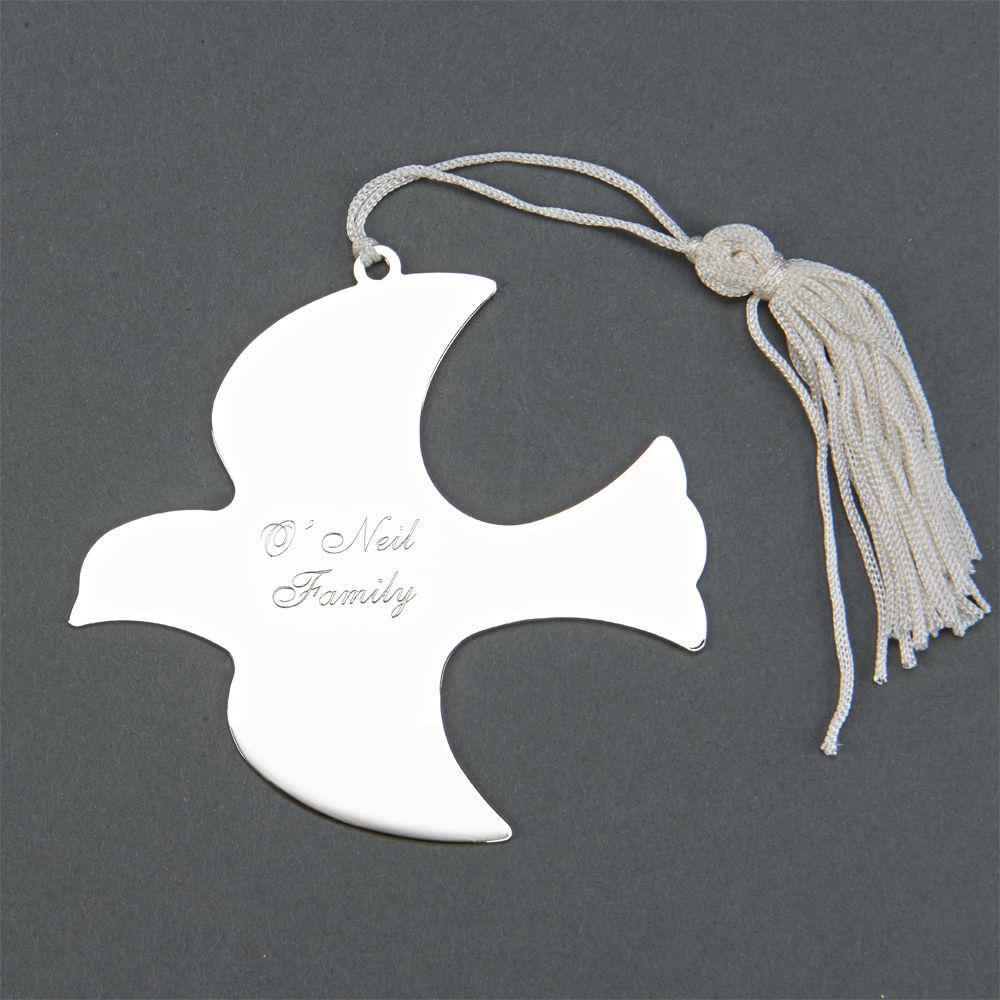 Dove Shaped Ornament with a bright nickel plated finish and white tassel, symbolizing hope and peace.