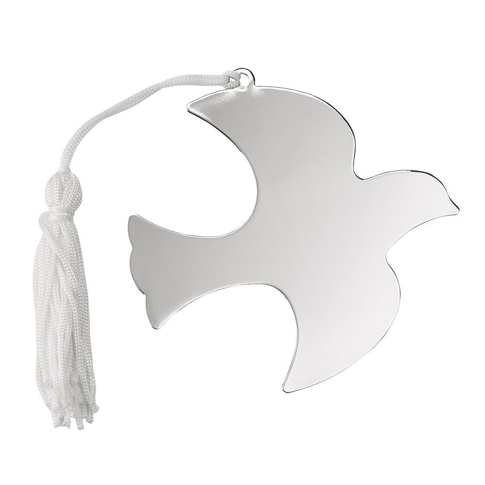 Dove Shaped Ornament with a bright nickel plated finish and white tassel, symbolizing hope and peace.