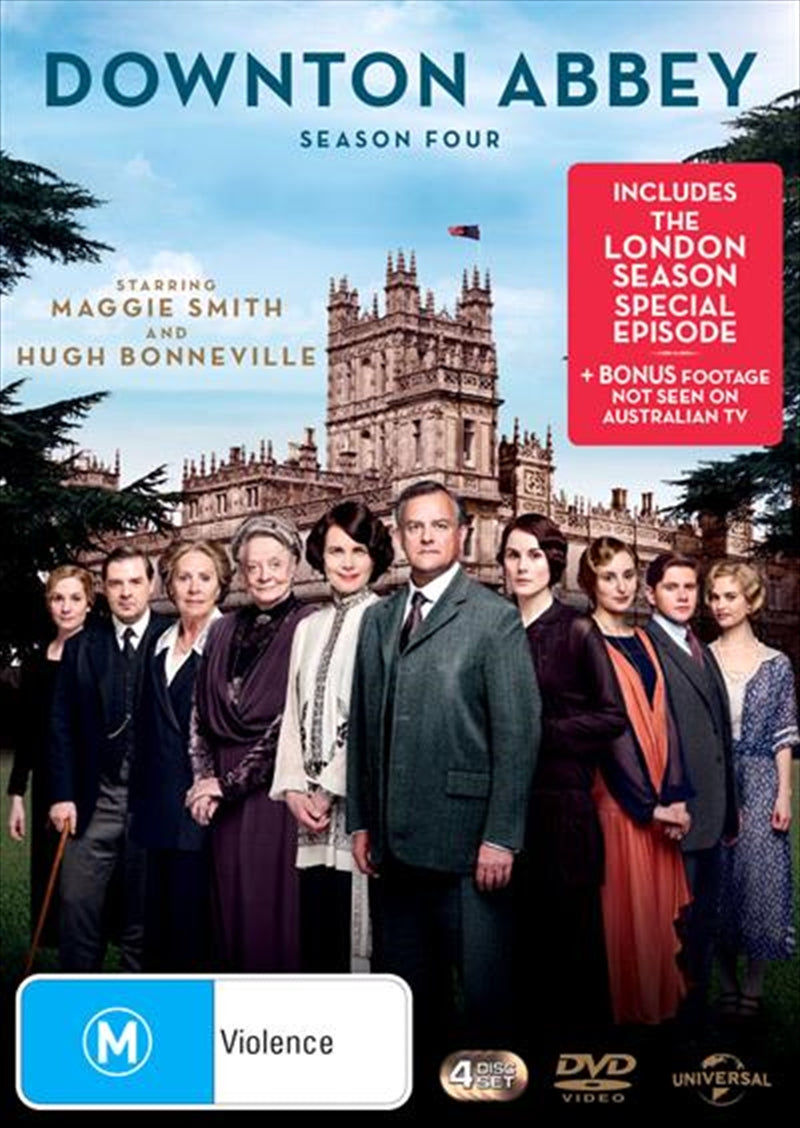 Downton Abbey Season 4 DVD cover featuring the Crawley family and iconic settings.