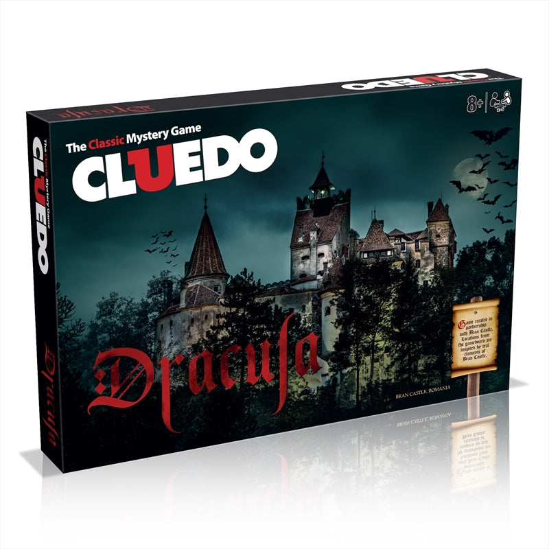 A captivating board game of Dracula Cluedo featuring Bran Castle, with intricate game pieces and cards depicting the murder mystery theme.