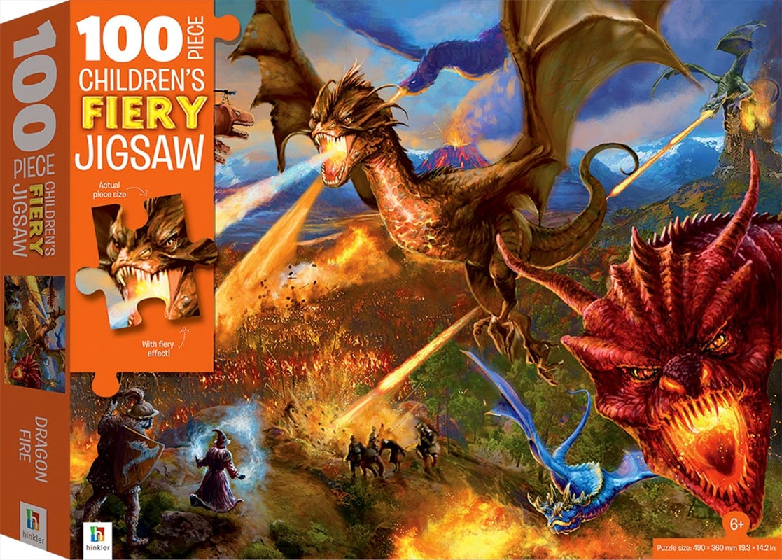 A colorful 100-piece jigsaw puzzle featuring majestic dragons with shimmering orange foil accents, designed for children.