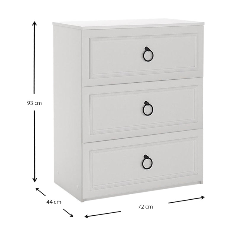 MATILDA White Drawer with three spacious drawers, measuring 72x44x93 cm, featuring a sleek melamine finish.