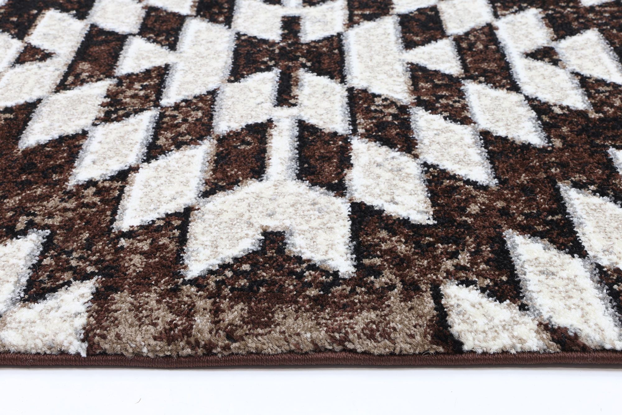 Dream Brown Beige Diamond Rug with Moroccan-style geometric pattern, soft-touch polypropylene material, and thick pile for comfort.