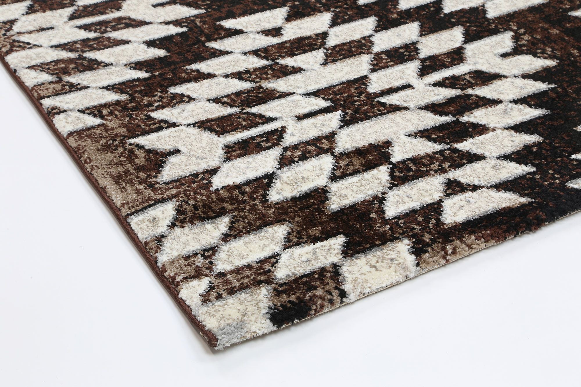 Dream Brown Beige Diamond Rug with Moroccan-style geometric pattern, soft-touch polypropylene material, and thick pile for comfort.