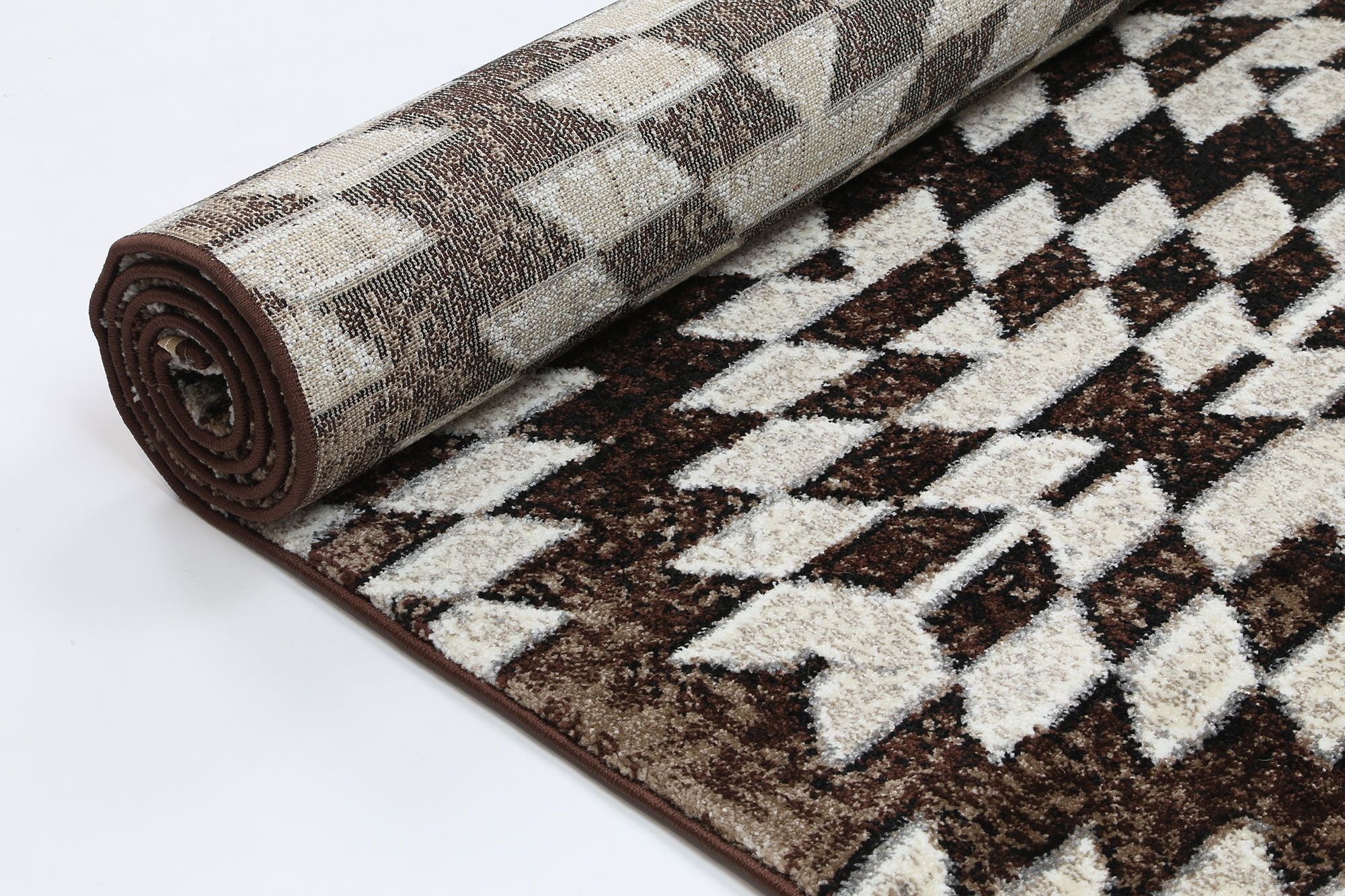 Dream Brown Beige Diamond Rug with Moroccan-style geometric pattern, soft-touch polypropylene material, and thick pile for comfort.