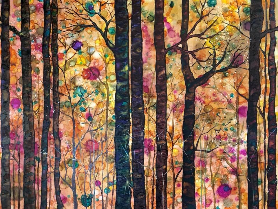 Dream Forest greeting card featuring vibrant mixed media art with intricate details and soothing colors, accompanied by a matching white envelope.