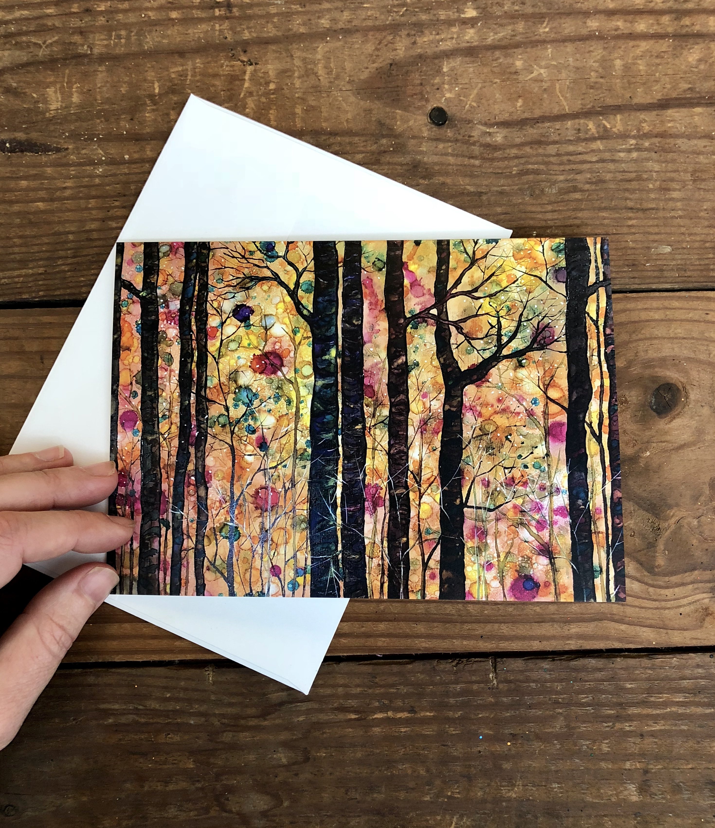 Dream Forest greeting card featuring vibrant mixed media art with intricate details and soothing colors, accompanied by a matching white envelope.