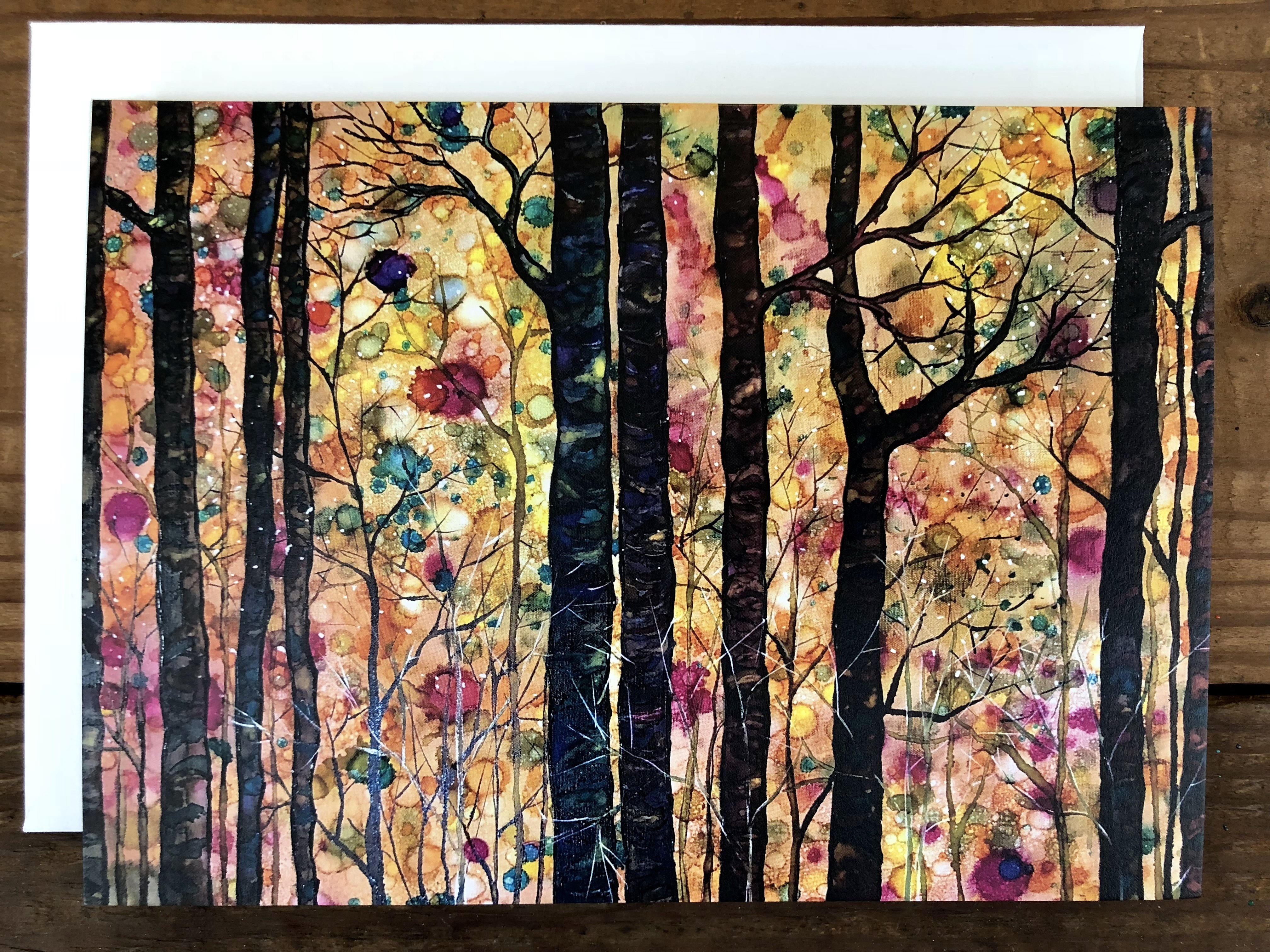 Dream Forest greeting card featuring vibrant mixed media art with intricate details and soothing colors, accompanied by a matching white envelope.