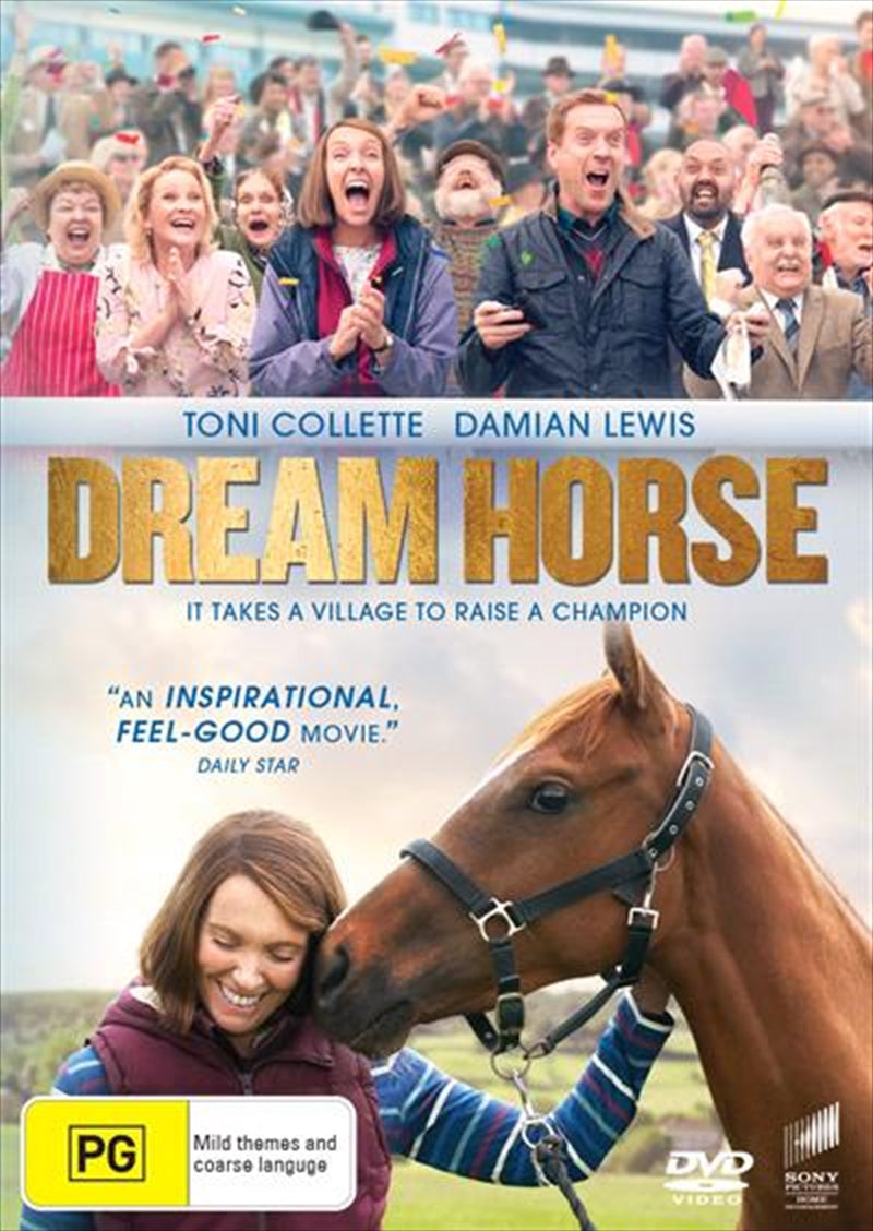 Dream Horse DVD cover featuring Toni Collette as Jan Vokes, showcasing a racehorse and a scenic Welsh landscape.