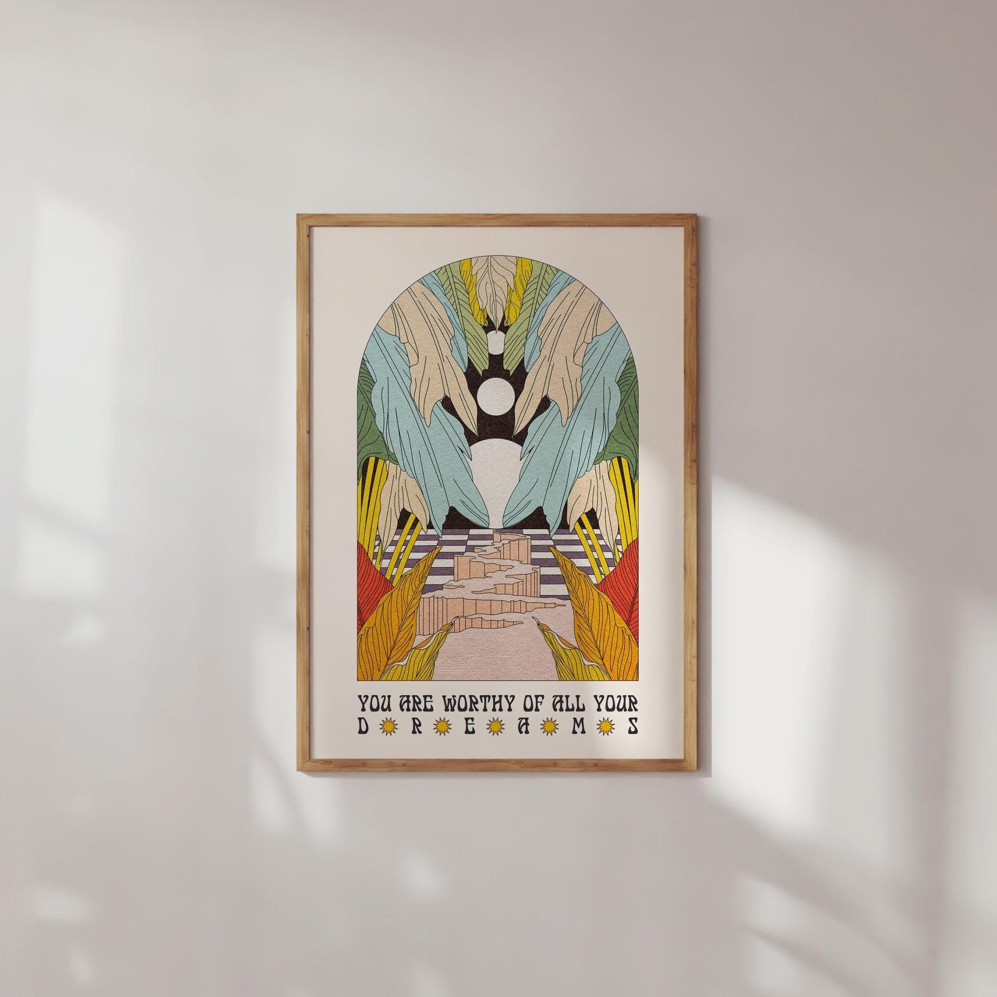 Dream Worthy Art Print featuring moons, palms, and positive messaging, designed in mid-century retro style.