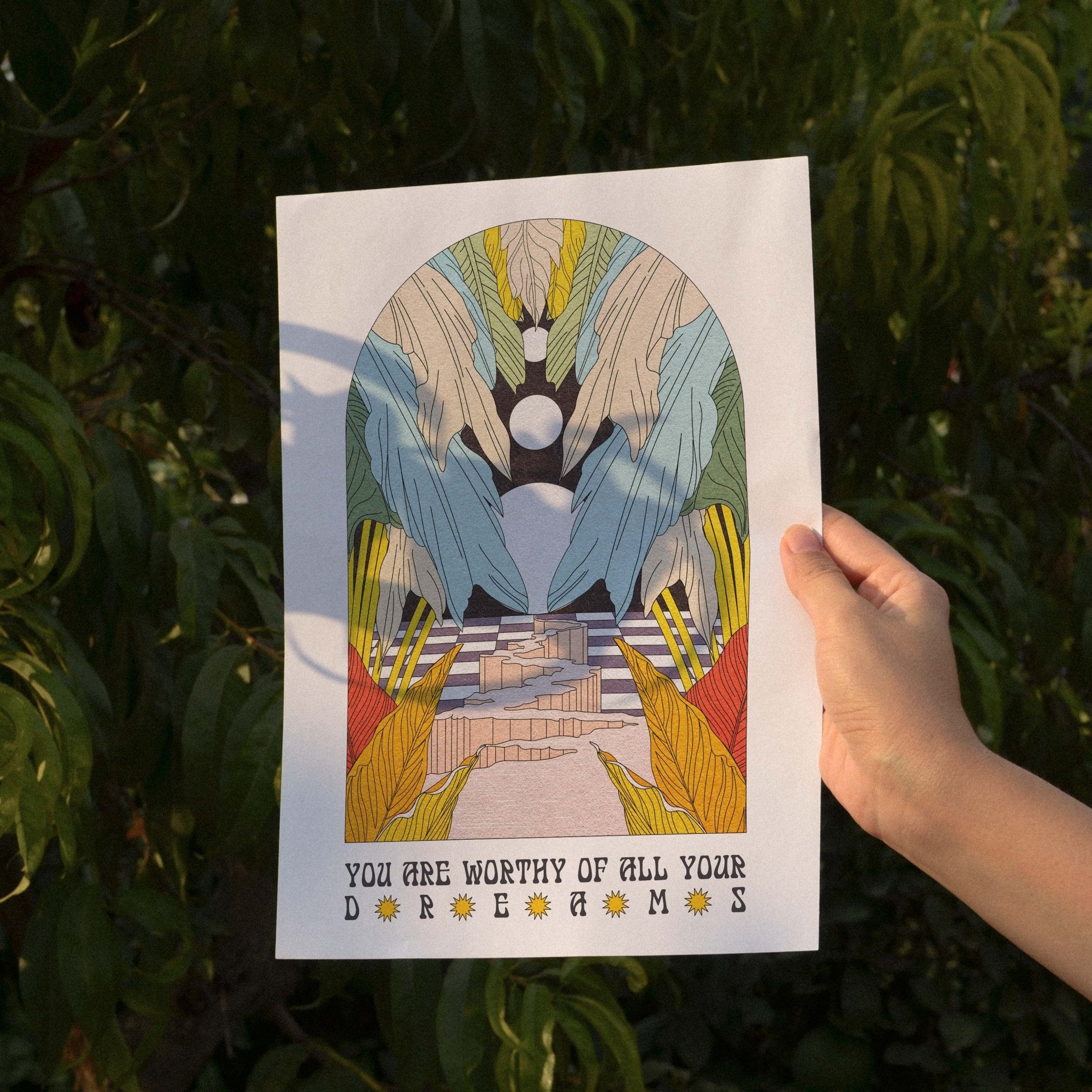 Dream Worthy Art Print featuring moons, palms, and positive messaging, designed in mid-century retro style.