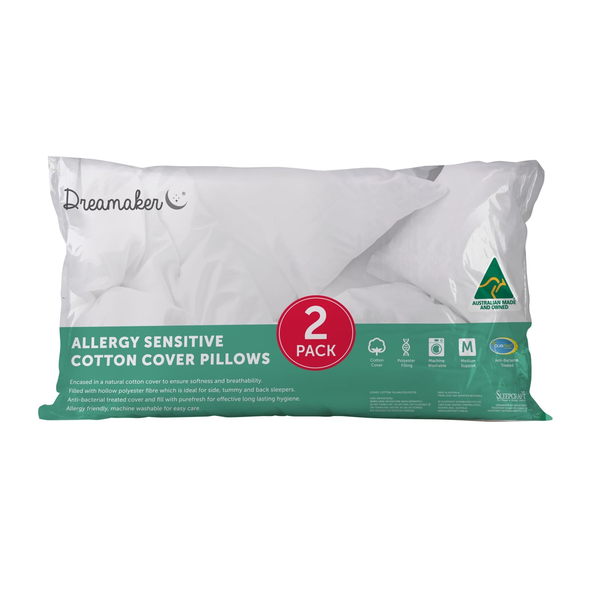 Dreamaker Allergy Sensitive Cotton Cover Pillow 2 Pack featuring natural cotton cover and self-colour piping, ideal for allergy sufferers.