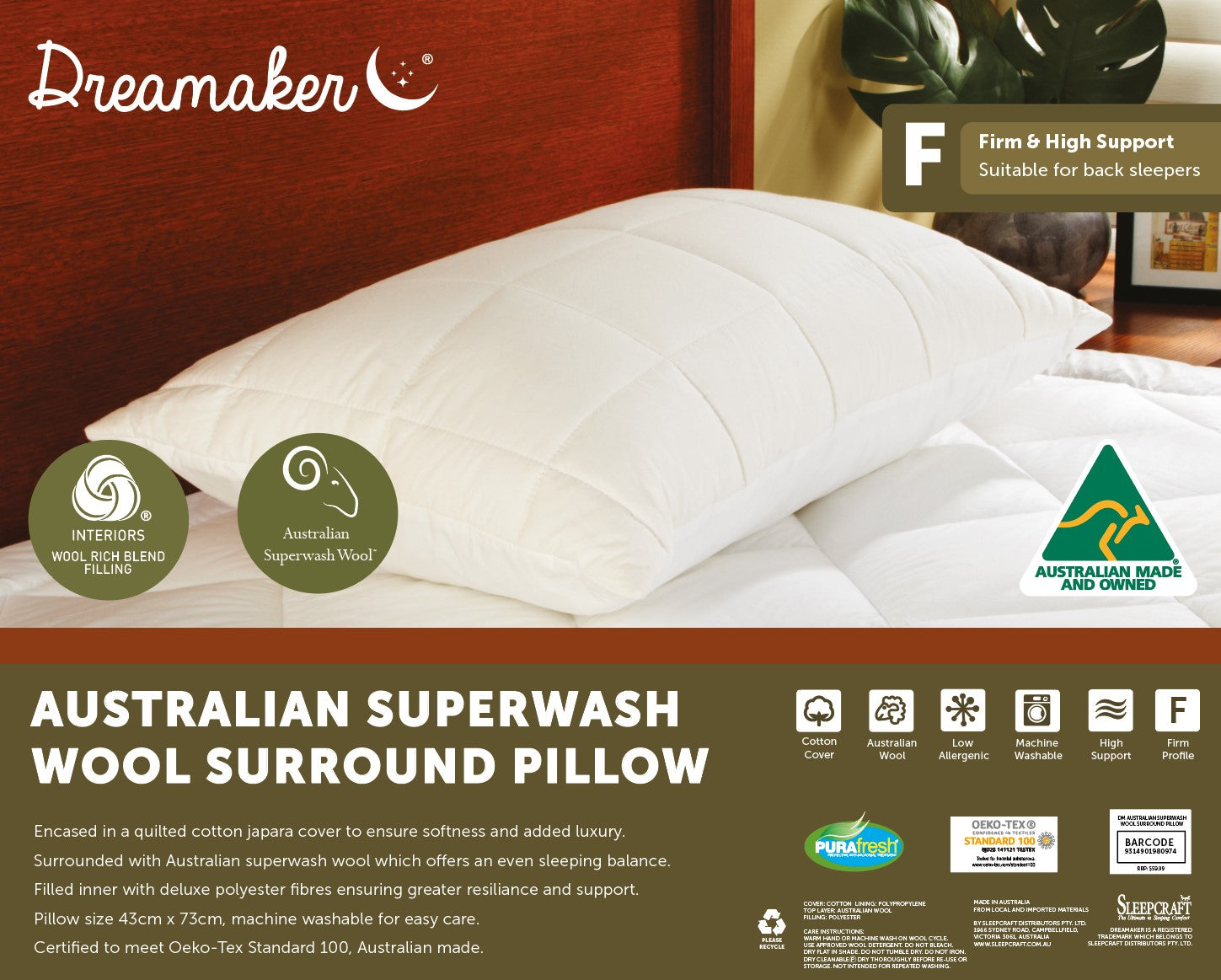 Dreamaker Australian Superwash Surround Pillow with bamboo cover and plush filling, showcasing its luxurious design and comfort.