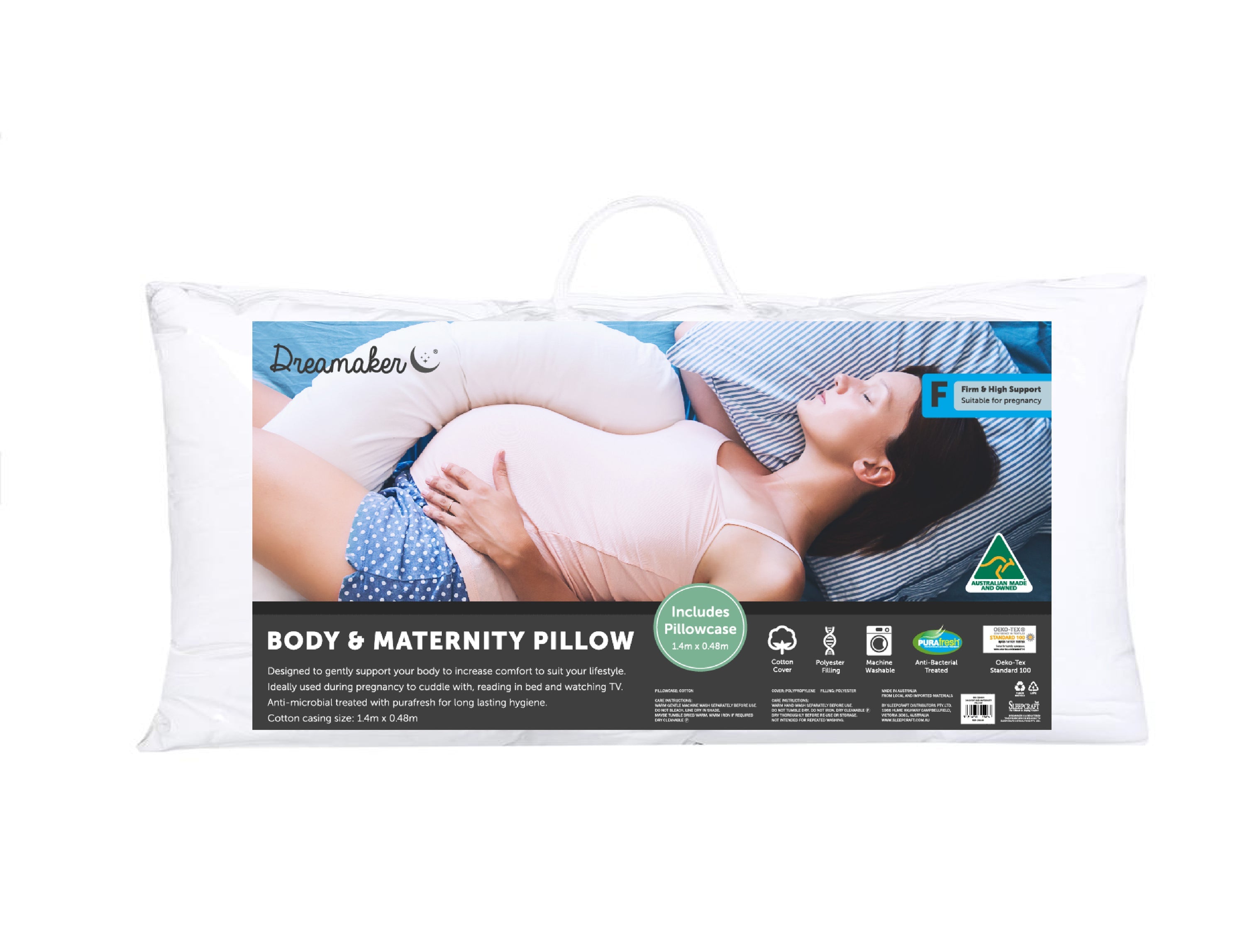 Dreamaker Body and Maternity Pillow, 48cm x 148cm, designed for comfort and support during pregnancy and relaxation.