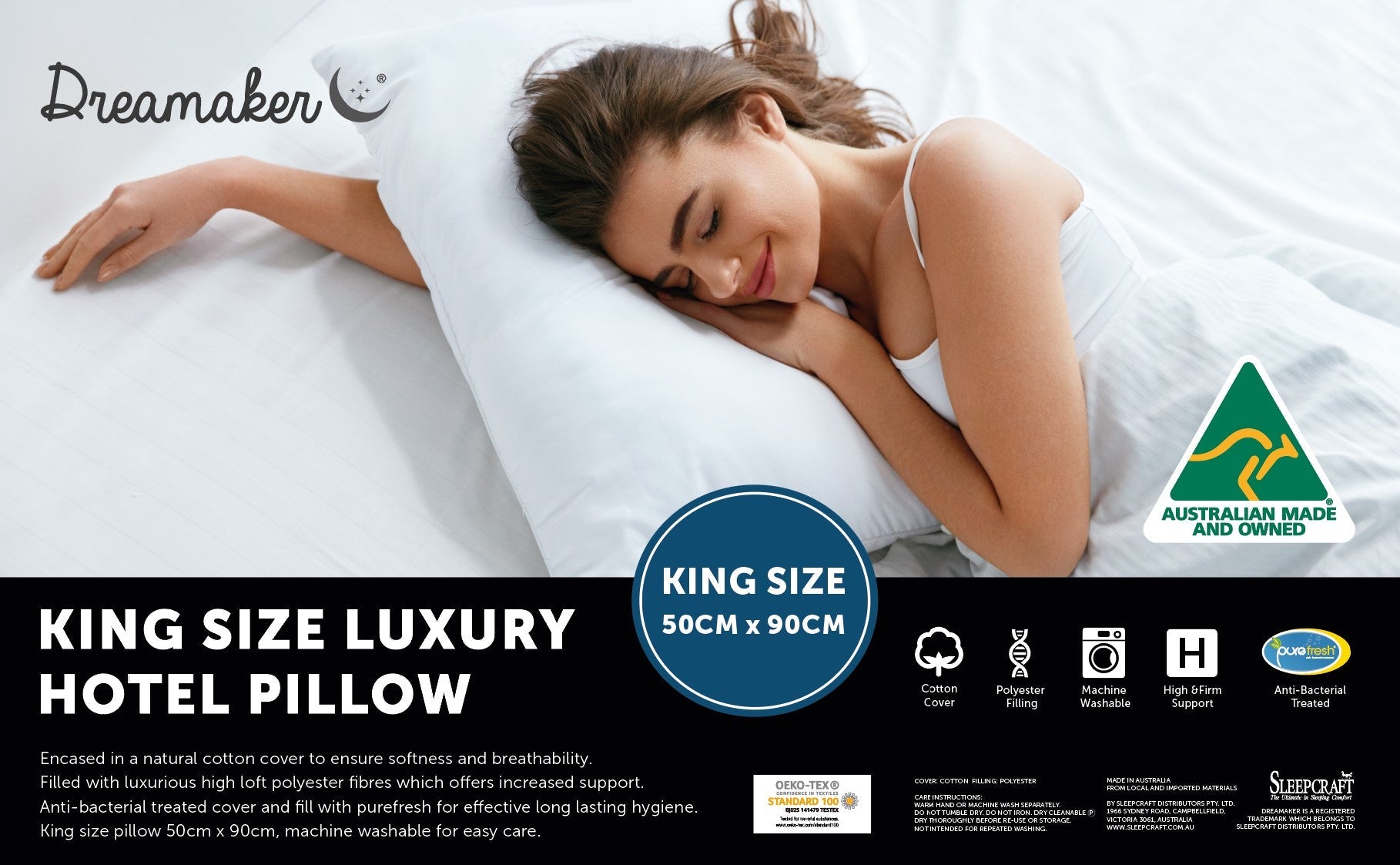 Dreamaker King Size Pillow featuring luxurious polyester filling and hypo-allergenic cotton cover, ideal for comfort and hygiene.